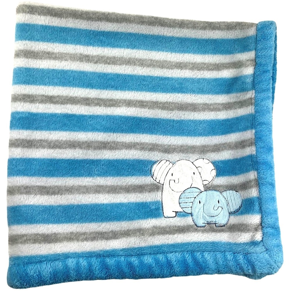 Absorba Blue White Gray Stripe Elephant Blanket Lovey Square Fleece 26x26 Boy